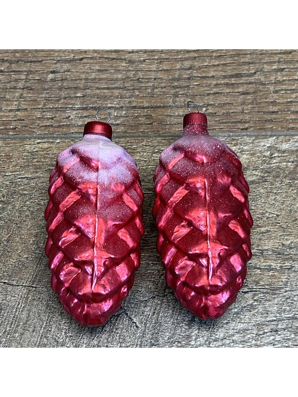 Pair Of Pine Cone Christmas Ornaments-Red With Snow. Overed Top